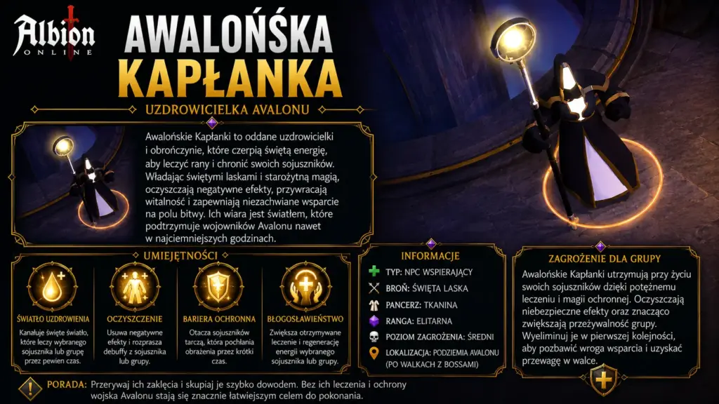 Poradnik po Lochach Awalońskich – bossowie buildy i moby 11 Awalońska Kapłanka Albion Online – elitarny przeciwnik wspierający z Awalońskich Lochów używający leczenia, świętego światła i mechanik wsparcia