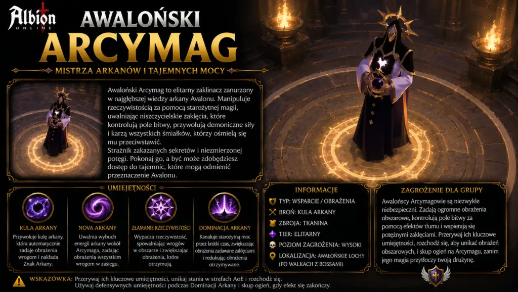 Awaloński Arcymag Albion Online – elitarny przeciwnik z Awalońskich Lochów używający kul arkany, obrażeń obszarowych i kontroli tłumu