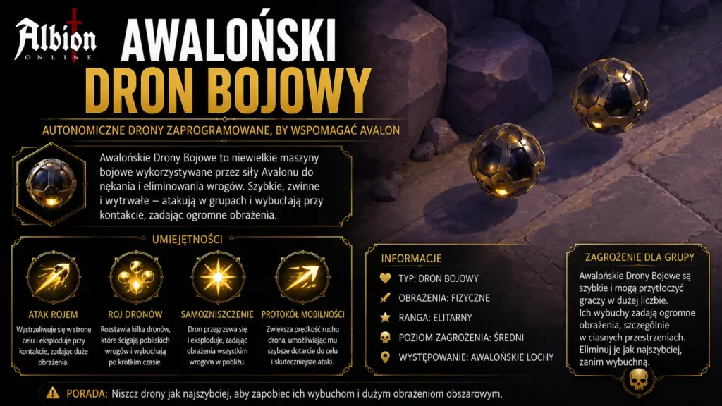 Poradnik po Lochach Awalońskich – bossowie buildy i moby 5 Awaloński Dron Bojowy Albion Online – przeciwnik z Awalońskich Lochów używający wzmocnionych ataków liniowych i efektów powalenia