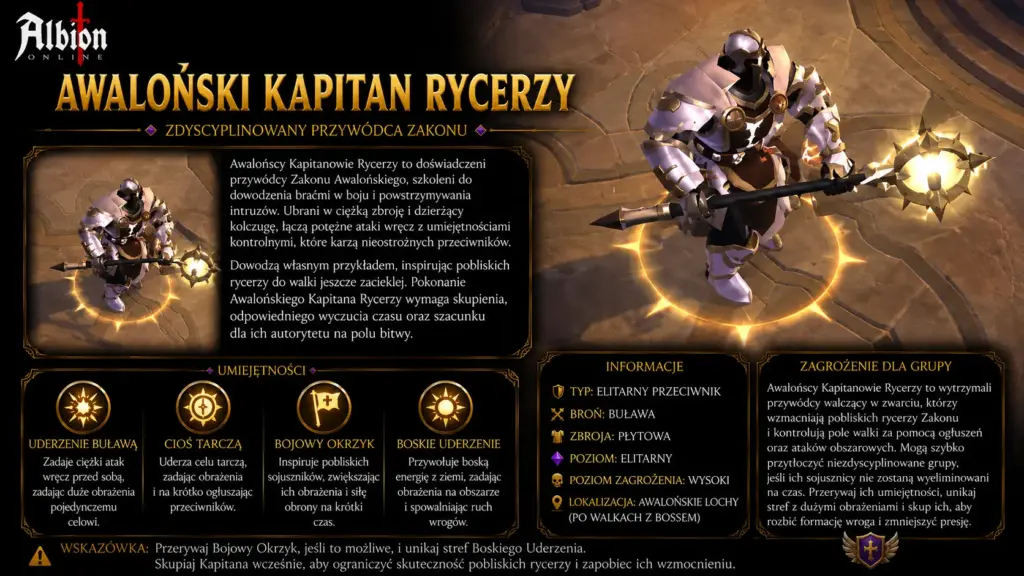 Awaloński Kapitan Rycerzy Albion Online – elitarny przeciwnik z Awalońskich Lochów walczący buławą, wzmacniający sojuszników i kontrolujący grupę