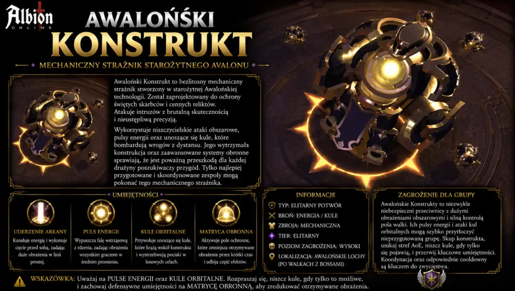 Awaloński Konstrukt Albion Online – elitarny mechaniczny strażnik z Awalońskich Lochów z atakami energii, kulami orbitalnymi i wysokim zagrożeniem dla grupy