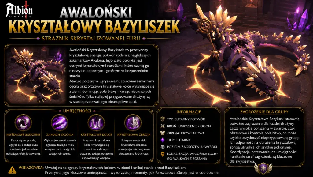 Awaloński Kryształowy Bazyliszek Albion Online – elitarny potwór z Awalońskich Lochów z kryształową zbroją, atakami ogonem i wysokim zagrożeniem dla grupy
