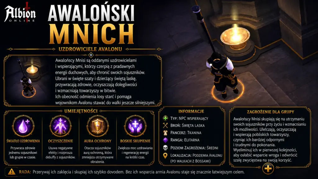 Poradnik po Lochach Awalońskich – bossowie buildy i moby 10 Awaloński Mnich Albion Online – elitarny przeciwnik z Awalońskich Lochów rozbijający pulle, odrzucający graczy i utrudniający kontrolę mobów