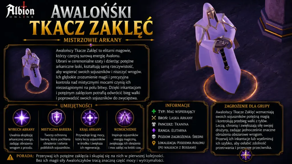 Poradnik po Lochach Awalońskich – bossowie buildy i moby 13 Awaloński Tkacz Zaklęć Albion Online – elitarny przeciwnik magiczny z Awalońskich Lochów używający zaklęć arkany, kontroli pola walki i presji na grupę