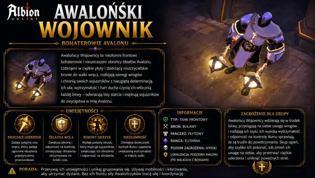Poradnik po Lochach Awalońskich – bossowie buildy i moby 14 Awaloński Wojownik Albion Online – elitarny przeciwnik z Awalońskich Lochów walczący w zwarciu, wywierający presję na froncie i posiadający dużą wytrzymałość