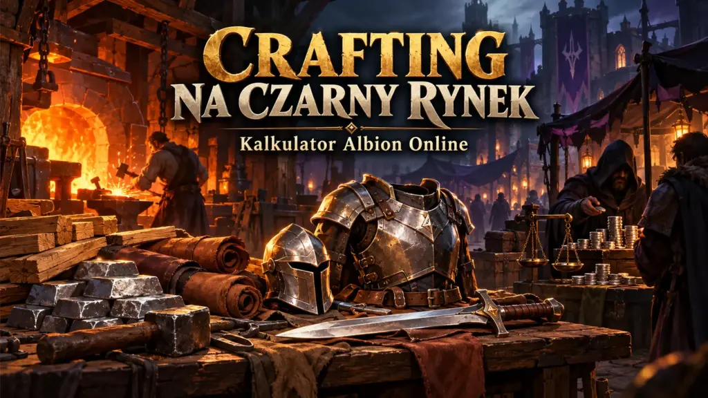 Kuźnia, materiały i gotowe wyposażenie obok handlarza na Czarnym Rynku — ilustracja kalkulatora produkcji na czarny rynek w Albion Online.