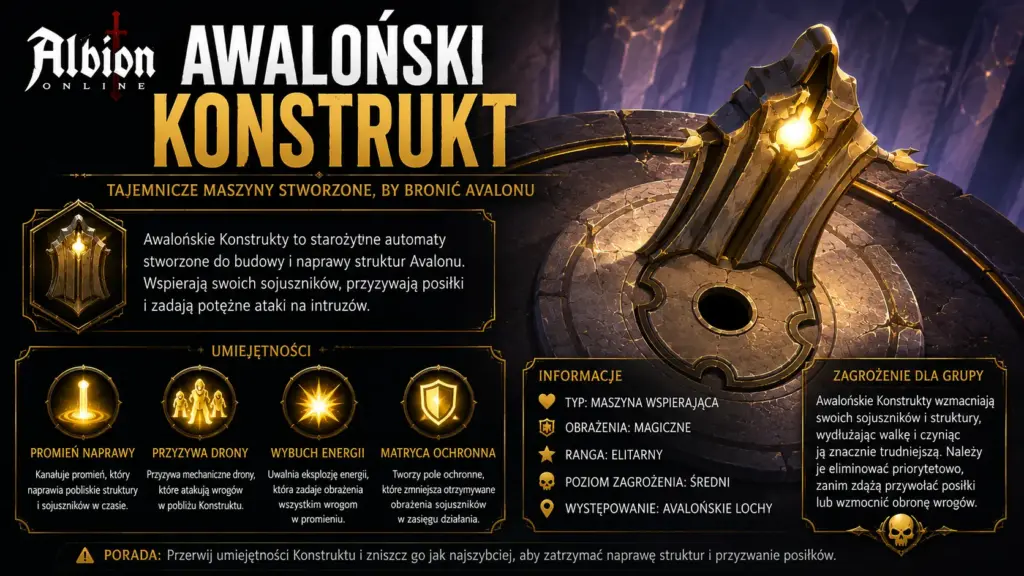 Poradnik po Lochach Awalońskich – bossowie buildy i moby 4 Posąg Awalońskiego Konstruktora Albion Online – elitarny mob z Awalońskich Lochów przywołujący drony bojowe i zwiększający presję na grupę