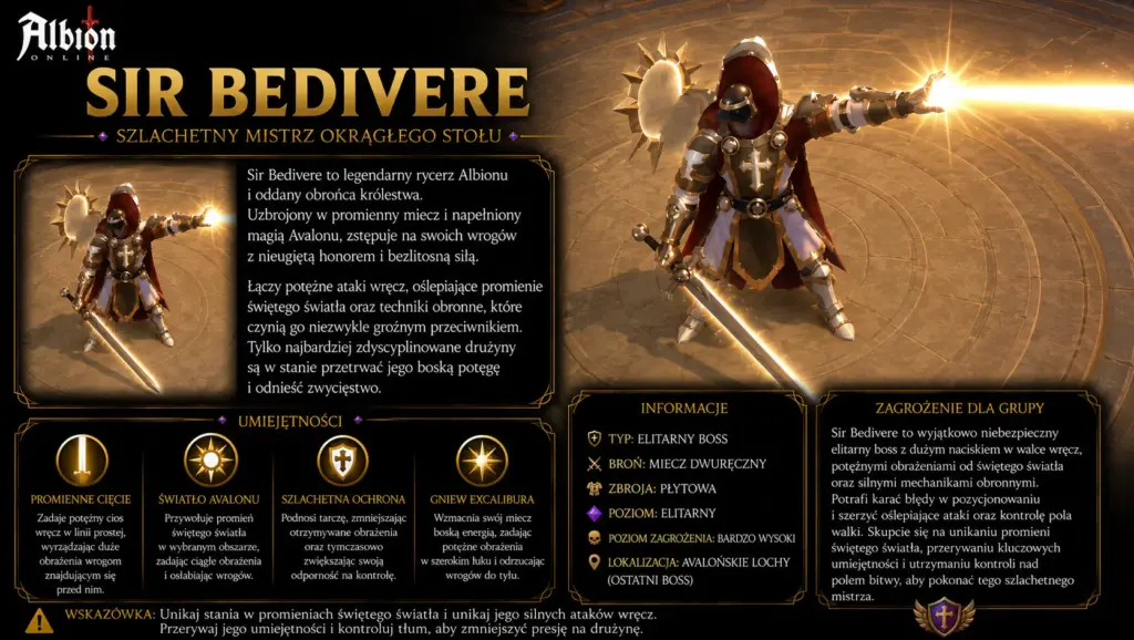 Sir Bedivere Albion Online – ostatni boss Awalońskich Lochów z promieniem świętego światła, mieczem dwuręcznym i bardzo wysokim zagrożeniem dla grupy
