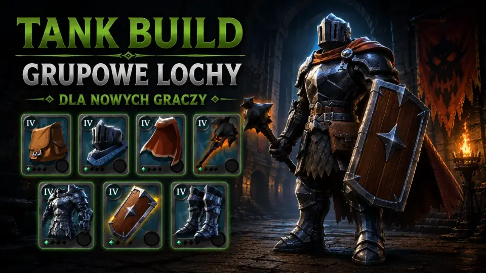 Tank Build do grupowych lochów w Albion Online dla nowych graczy, z ciężką zbroją, tarczą, buzdyganem i zestawem wyposażenia PvE.